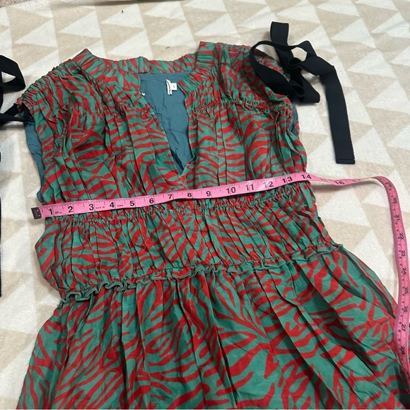 Tanya Taylor red green zebra print mini dress vneck tie sleeves - Picture 4 of 4